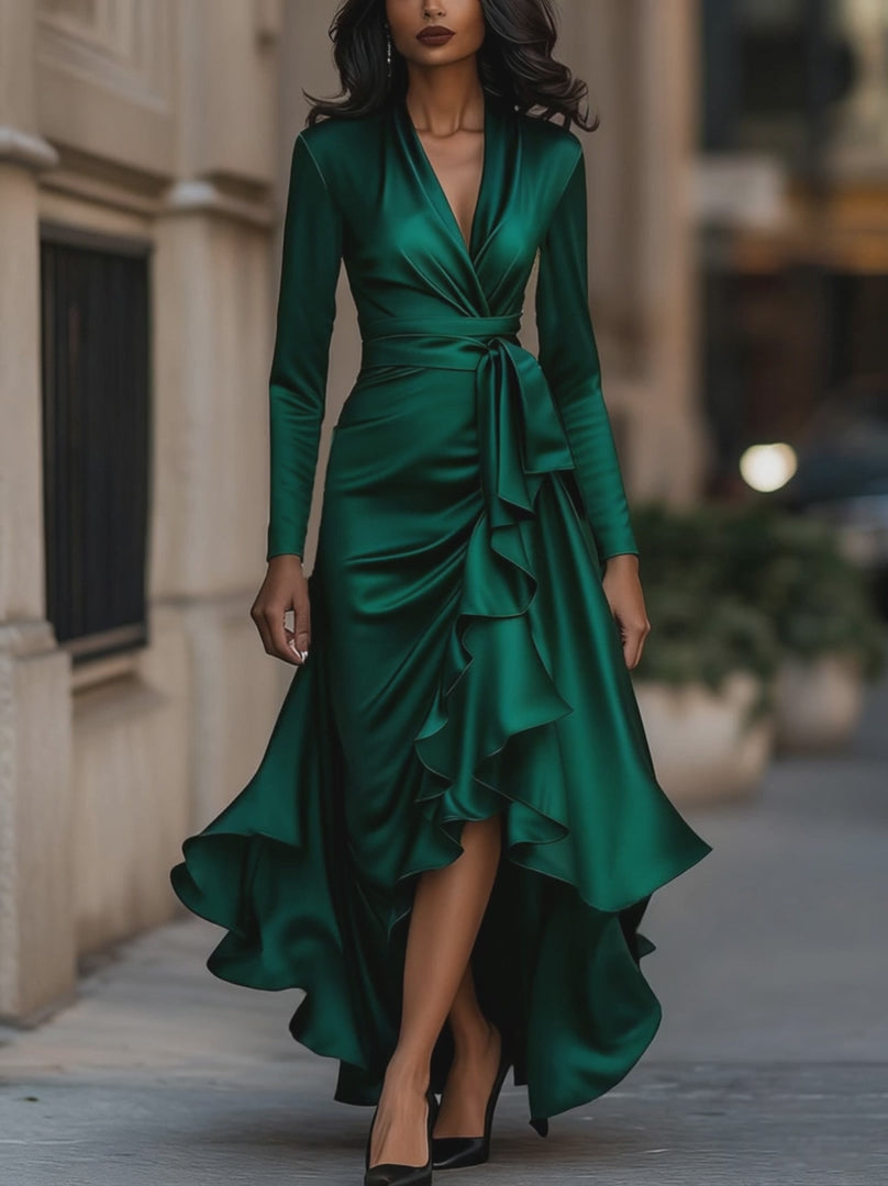 Olivia Bennet | Midnight Blue Draped Satin Maxi Dress With Ruffle Details