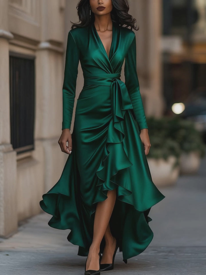 Olivia Bennet | Midnight Blue Draped Satin Maxi Dress With Ruffle Details