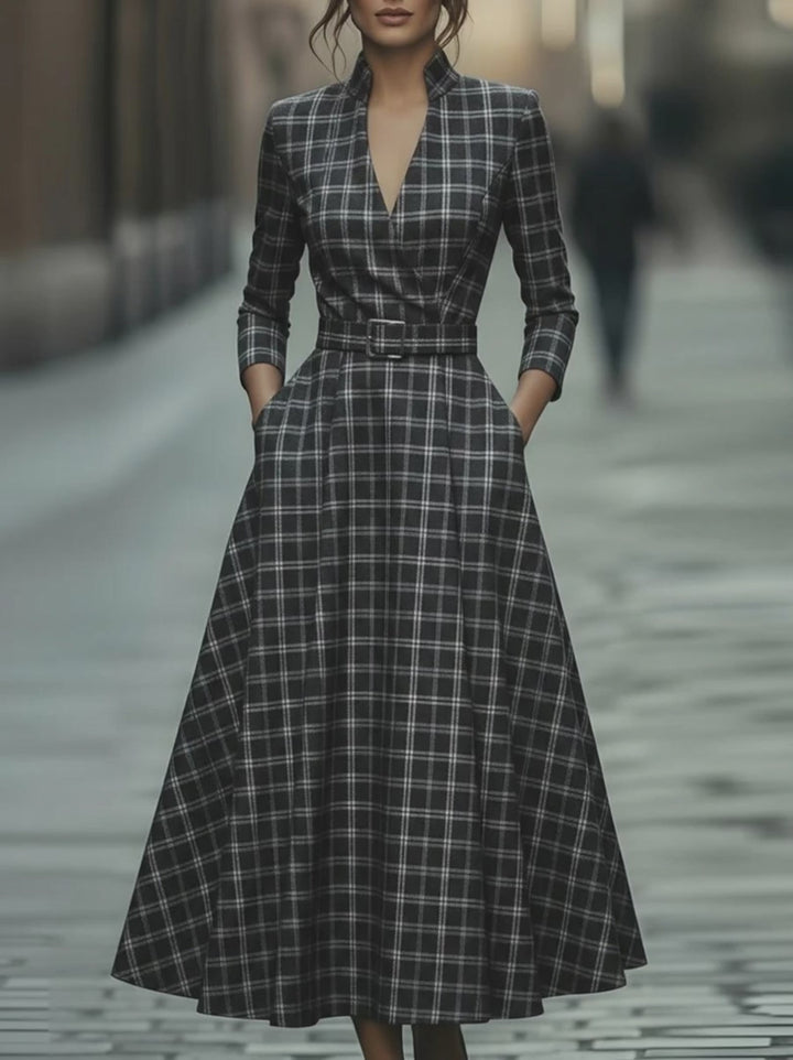 Olivia Bennet | Plaid Check Belted Dress With V-Neckline