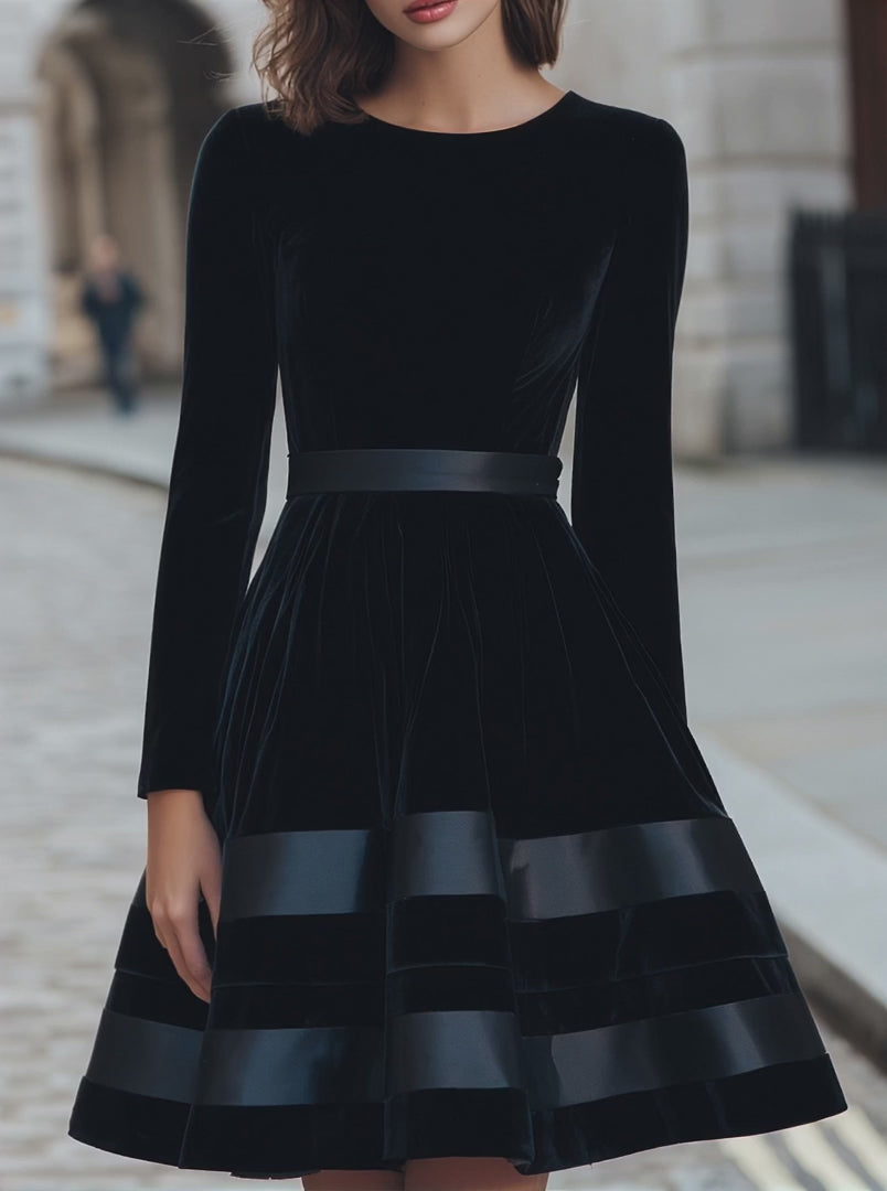 Olivia Bennet | Black Velvet Fit-and-Flare Dress With Satin Stripes