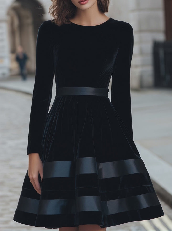 Olivia Bennet | Black Velvet Fit-and-Flare Dress With Satin Stripes