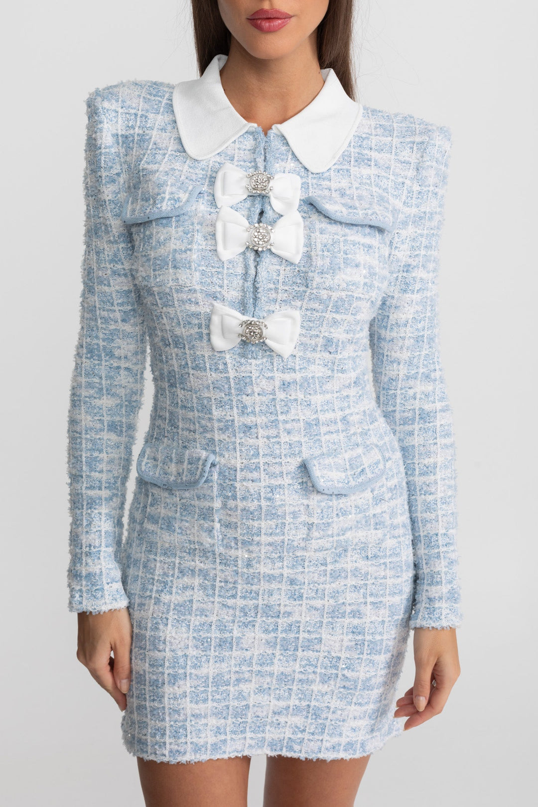 Olivia Bennet | Light Blue Contrast Collar Bow-Embellished Tweed Dress